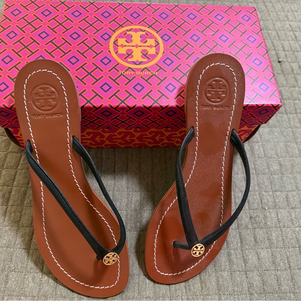 Tory Burch Black and Brown Sandals with Signature Style. New with Box